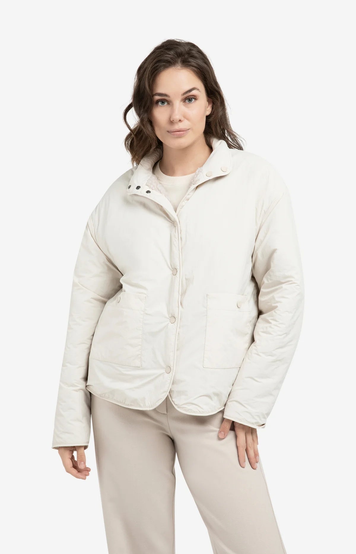 Reversible teddy jacket with nylon chest pocket