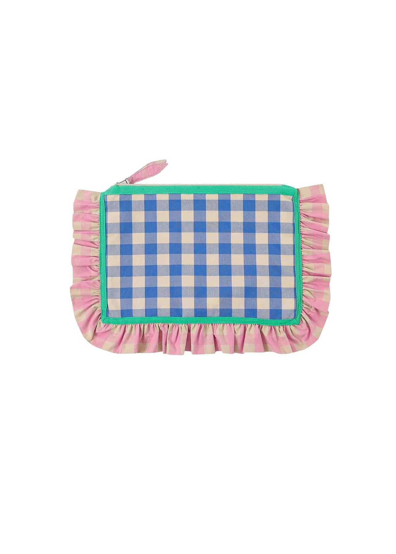Checkered fabric clutch with gathered ruffles