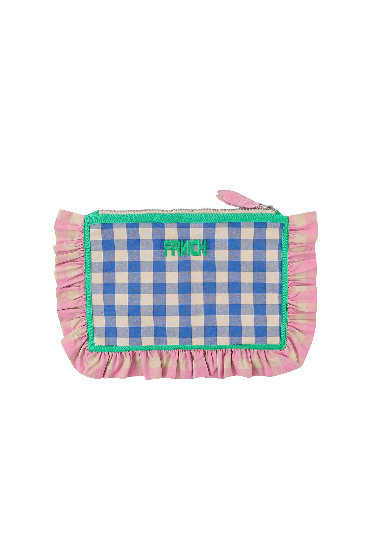 Checkered fabric clutch with gathered ruffles