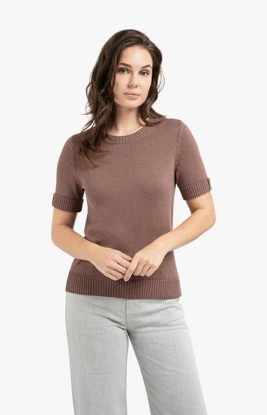 Knitted sweater with rolled-up short sleeves